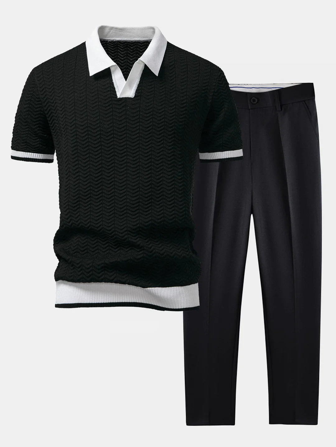 Stickad V-ringad polo med kontrasterande textur — kombinerad med slim fit-byxa